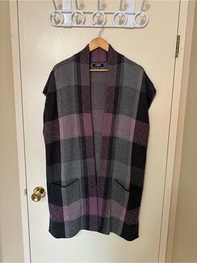 Chaps Plaid Open-Front Knit Vest in Plum and Charcoal